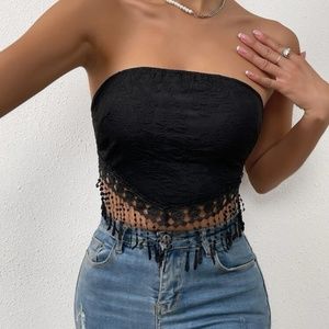 lace fringe hem tie crop tube top